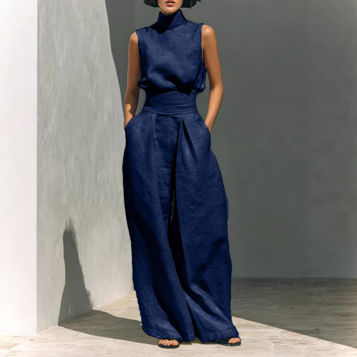 Casual Sleeveless Suit Summer Stand-up Collar Pullover Top And Loose Straight-leg Trousers Women's Clothing