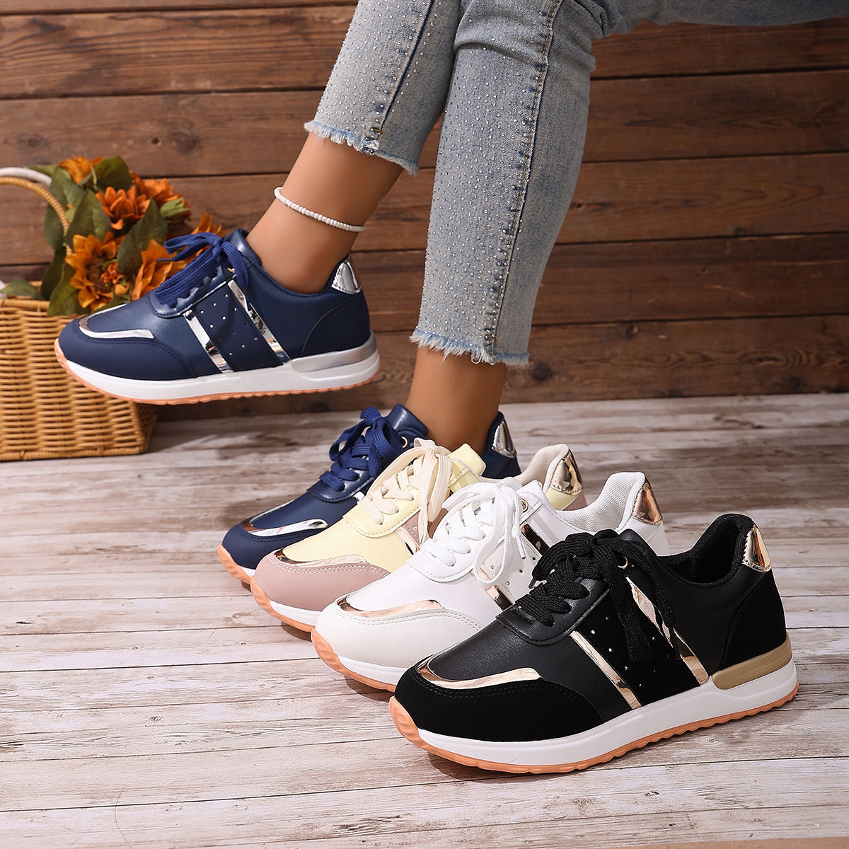 Color Matching Round Head Lace-up Daddy Shoes And Girls